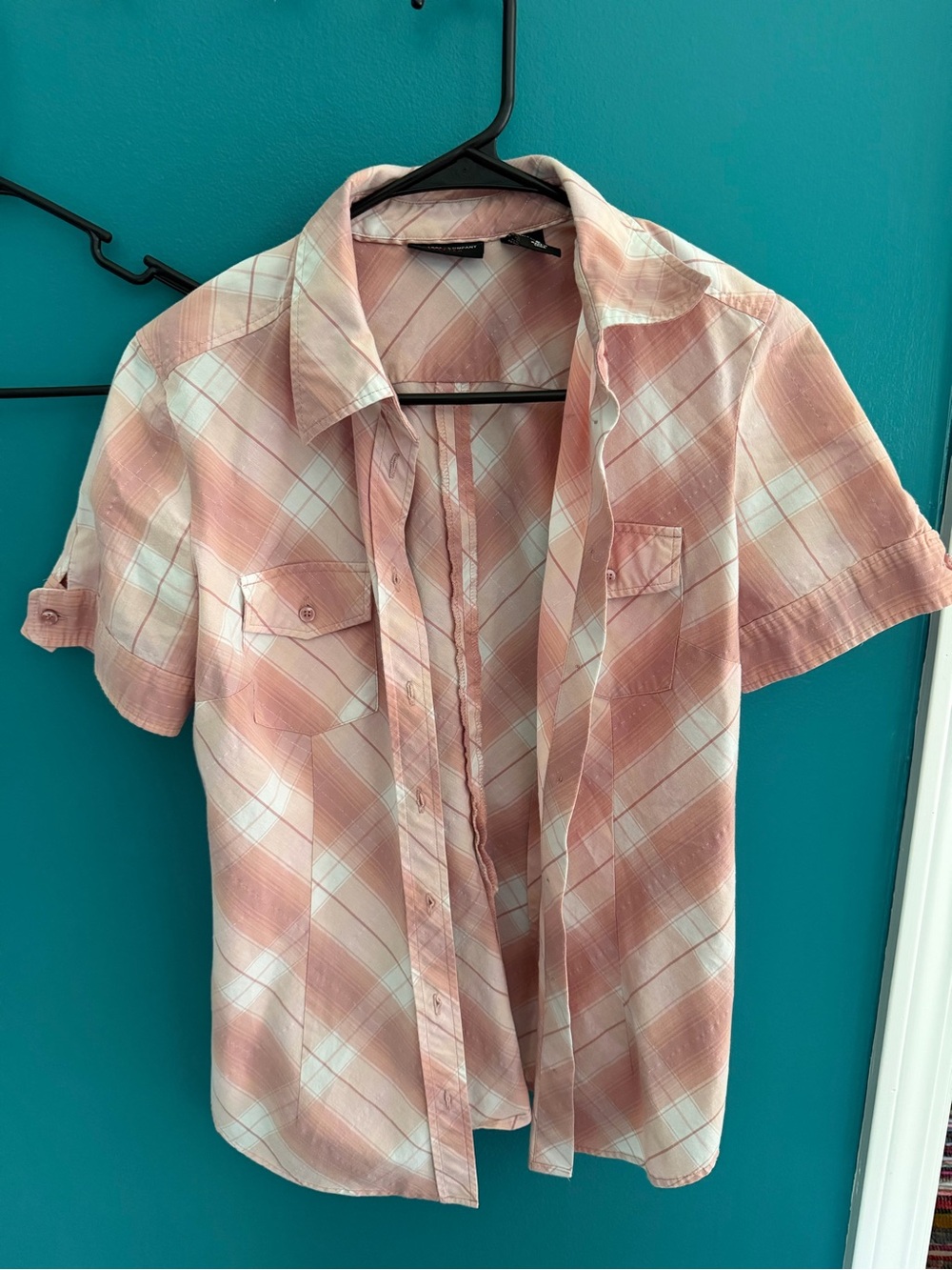 New York & Company women's Short-Sleeve Plaid Button-Down Shirt - Pink & White